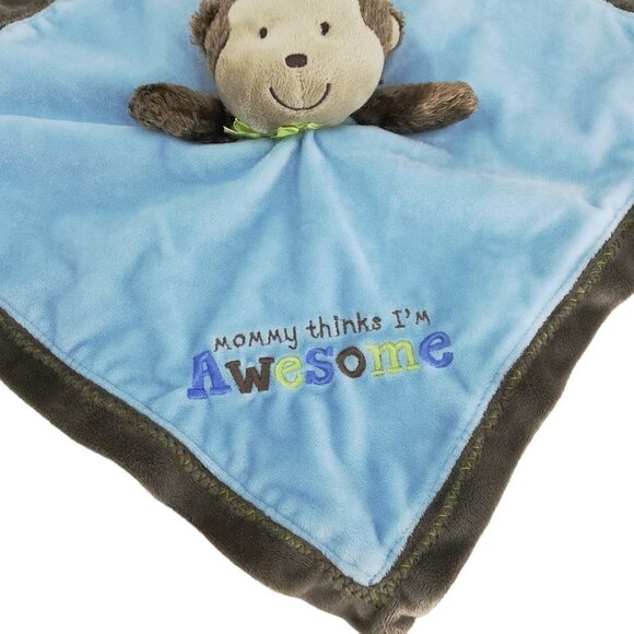 Carters Monkey Blue Brown Mommy Thinks I'm Awesome Rattle Lovey Lovie Satin - Picture 2 of 6